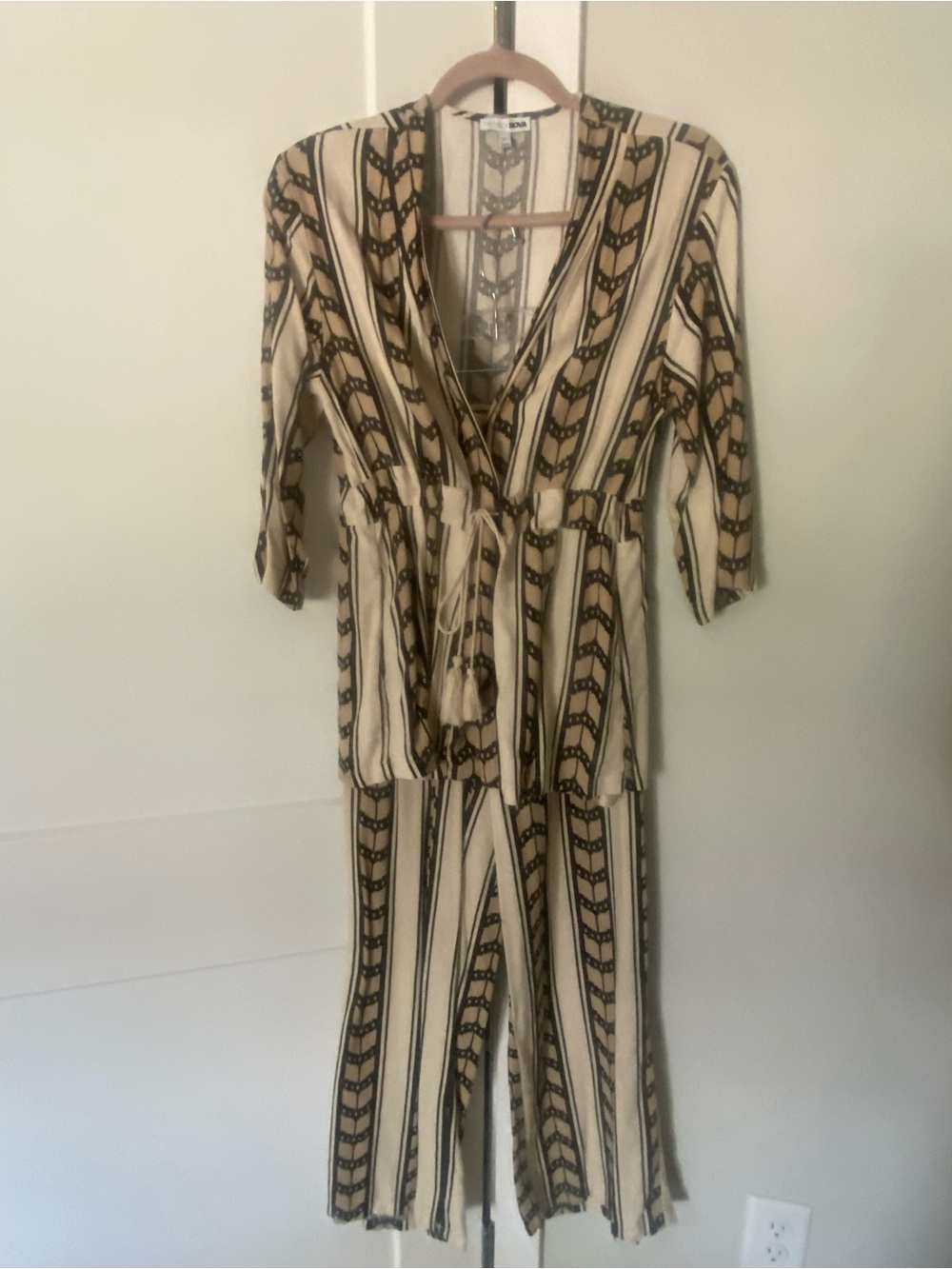 Fashion Nova Cream & Black Striped Jumpsuit with Tassel Tie